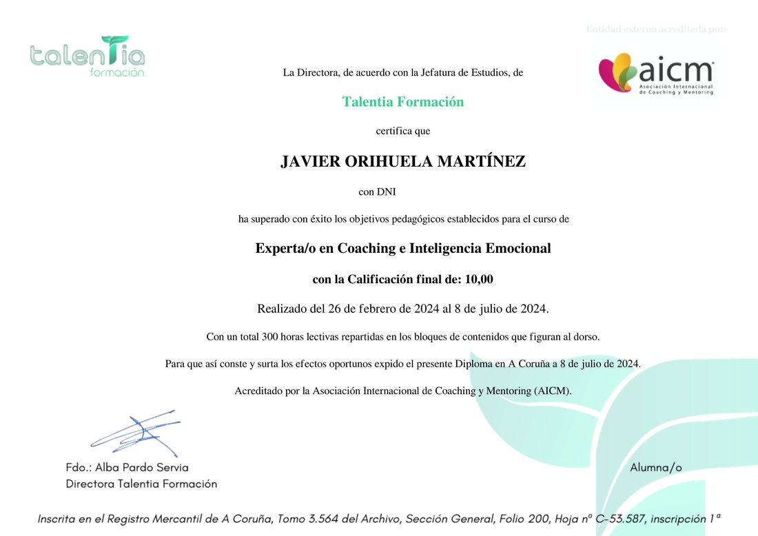 Diploma de Experto en Coaching e Inteligencia Emocional, 300 horas, acreditado por la AICM