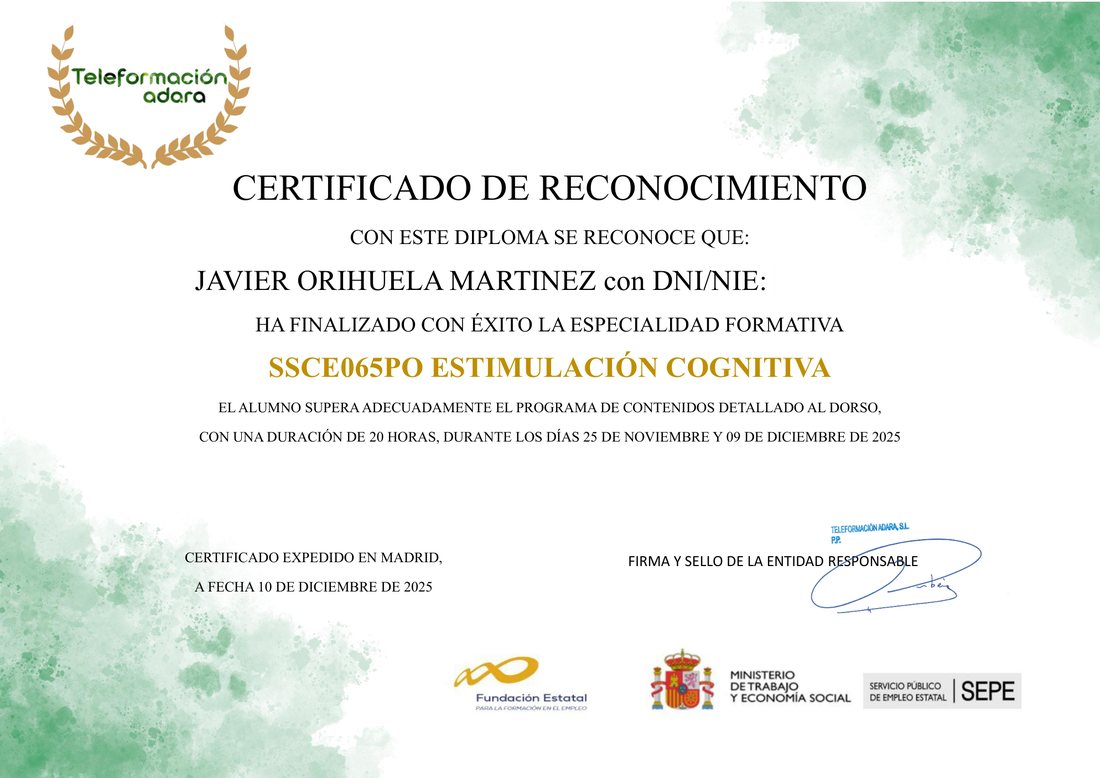 Certificado de la especialidad formativa Estimulación Cognitiva, avalado por el SEPE