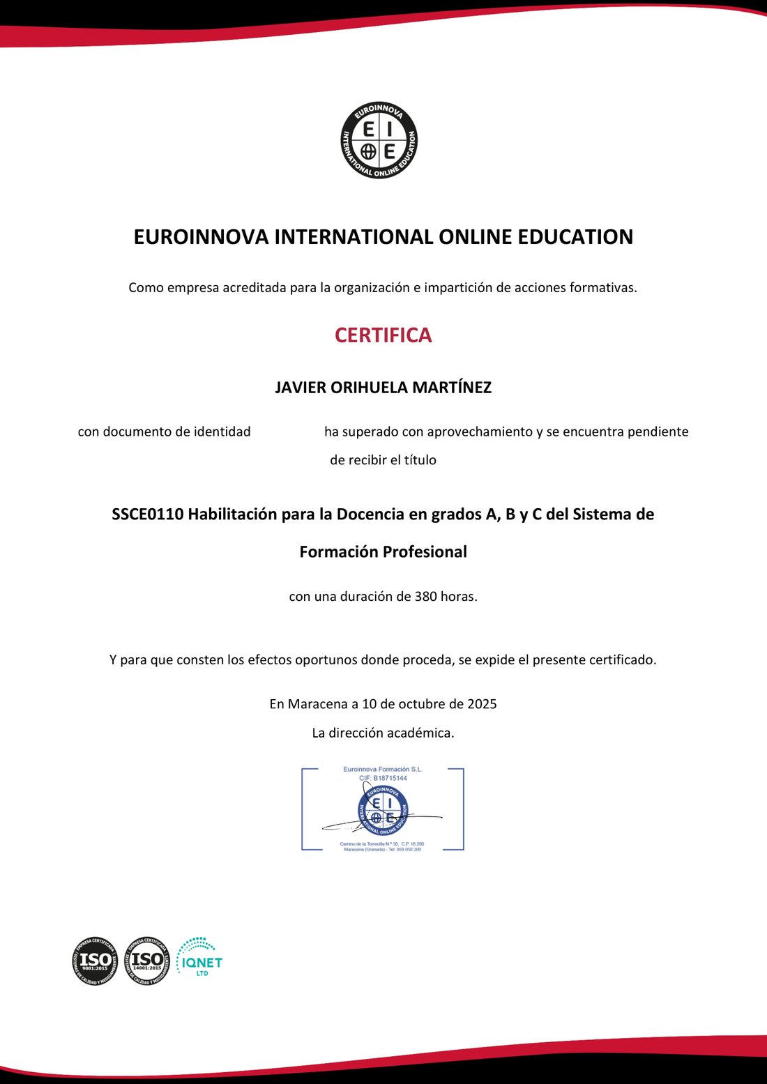 Certificado de Habilitación para la Docencia en grados A, B y C del Sistema de Formación Profesional, 380 horas